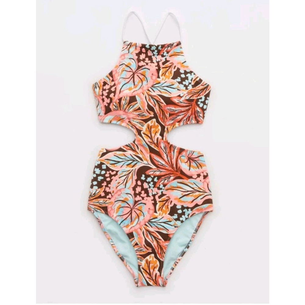 Aerie Terry Floral Halter Cut Out One Piece Swimsuit Large